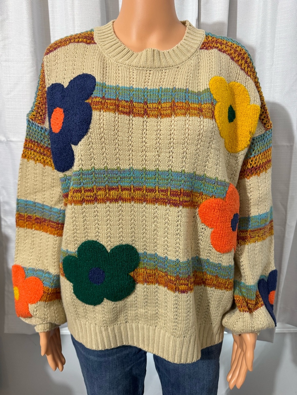 Cute Easel size S relaxed fit tan multi color stripe flowers pullover sweater
